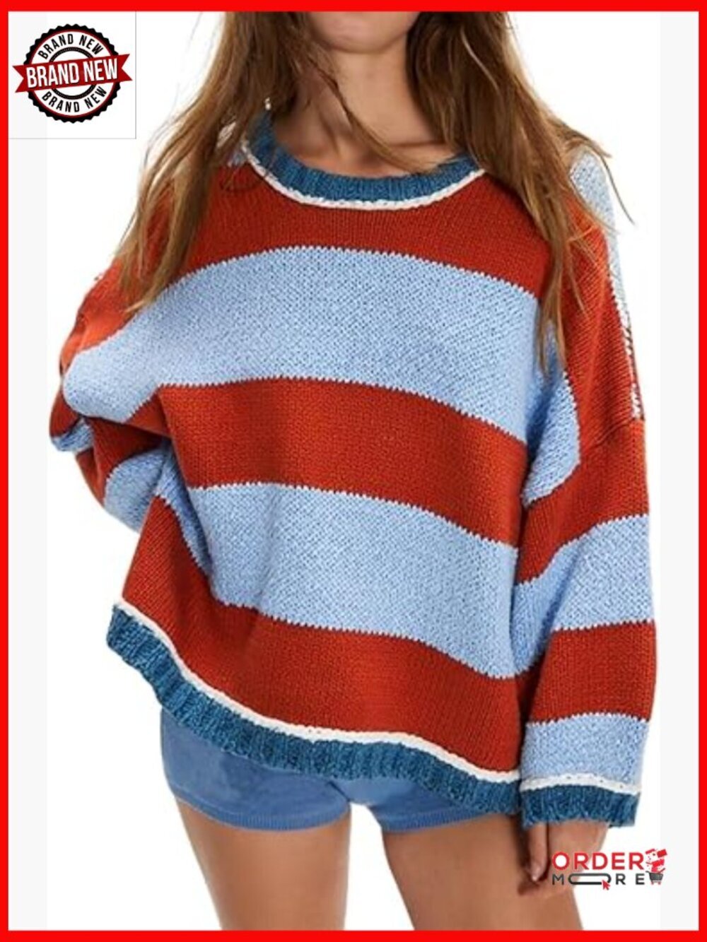 Striped Crewneck Long Sleeve Pullover Sweater Loose Fit Knit Top